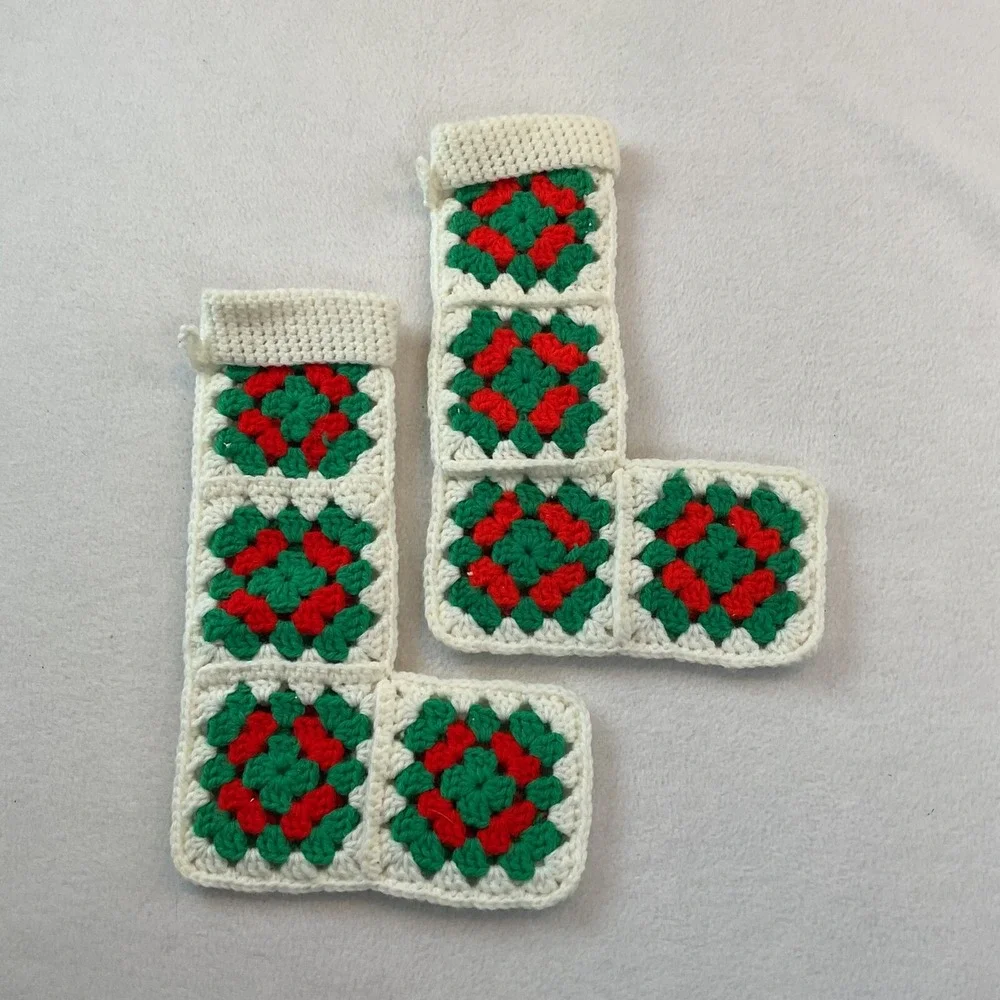 Granny Square Christmas Stockings Set Of 2 Red Green White Handmade Holiday